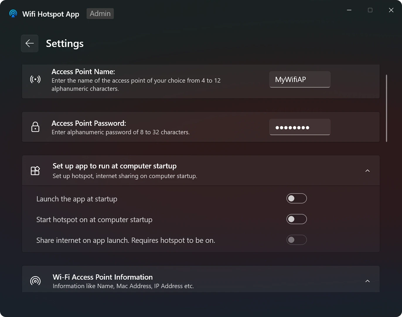 Screenshot of settings page